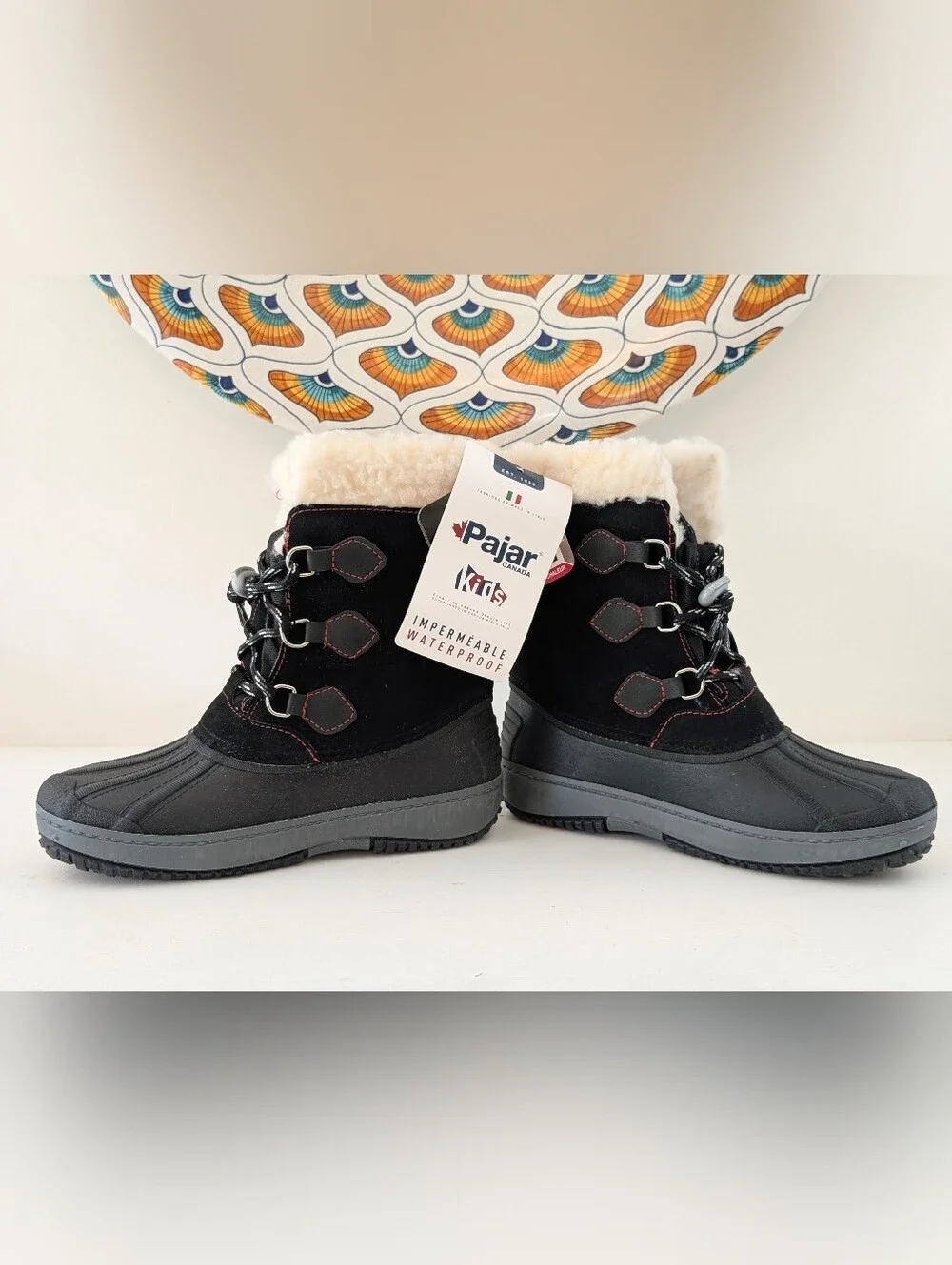 Pajar Kids Black Winter Lace-Up Boots with Shearling Collar